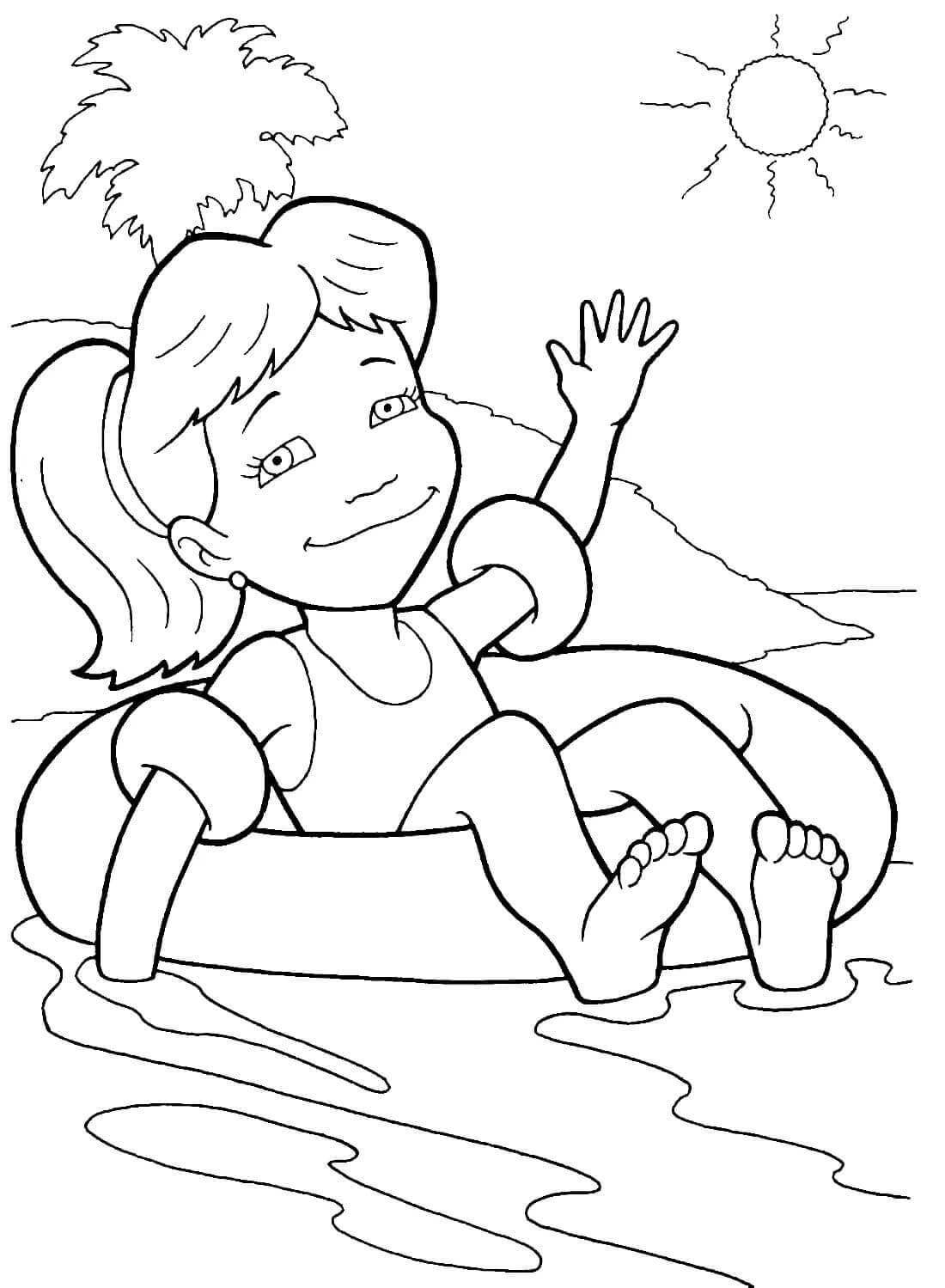 Раскраска Девочка катается на надувном круге