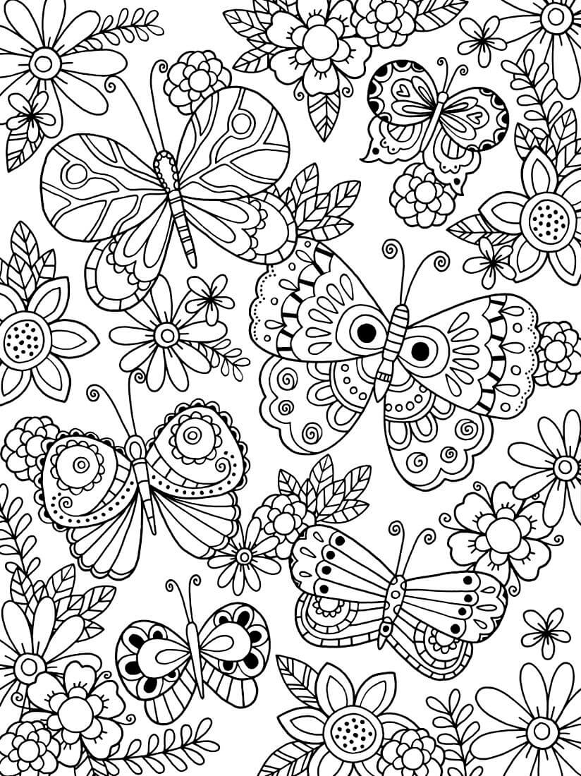 Раскраска Бабочки и цветы