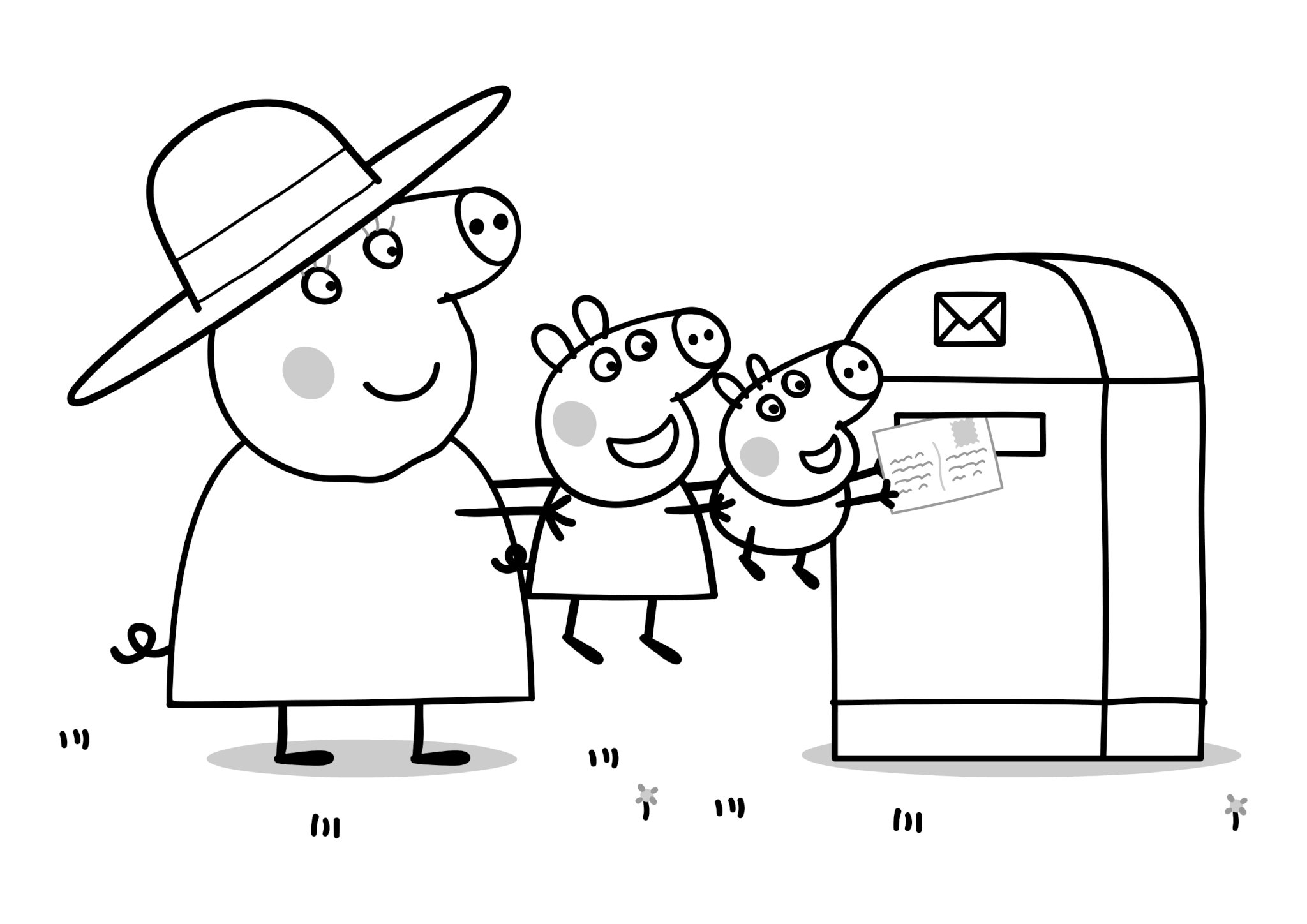 Раскраска Бабушка Свинка с Пеппой и Джорджем отправляют письмо