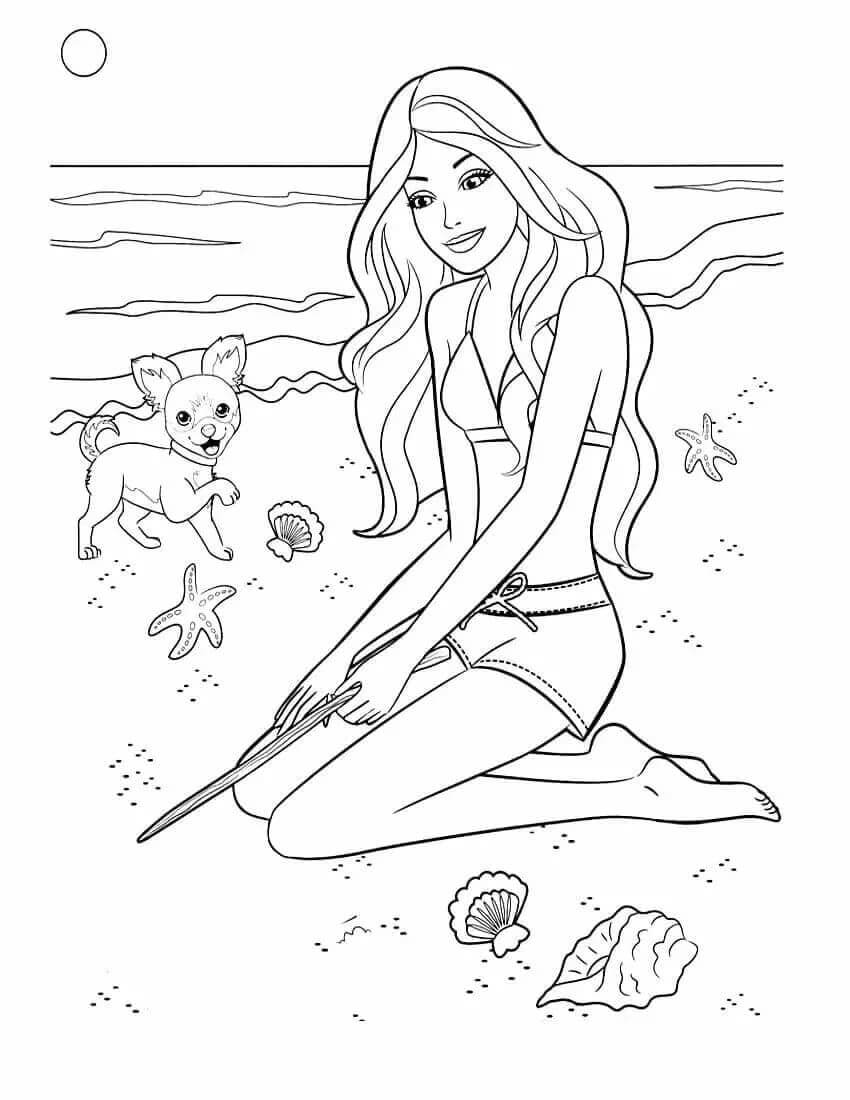 Раскраска Барби с собачкой на пляже
