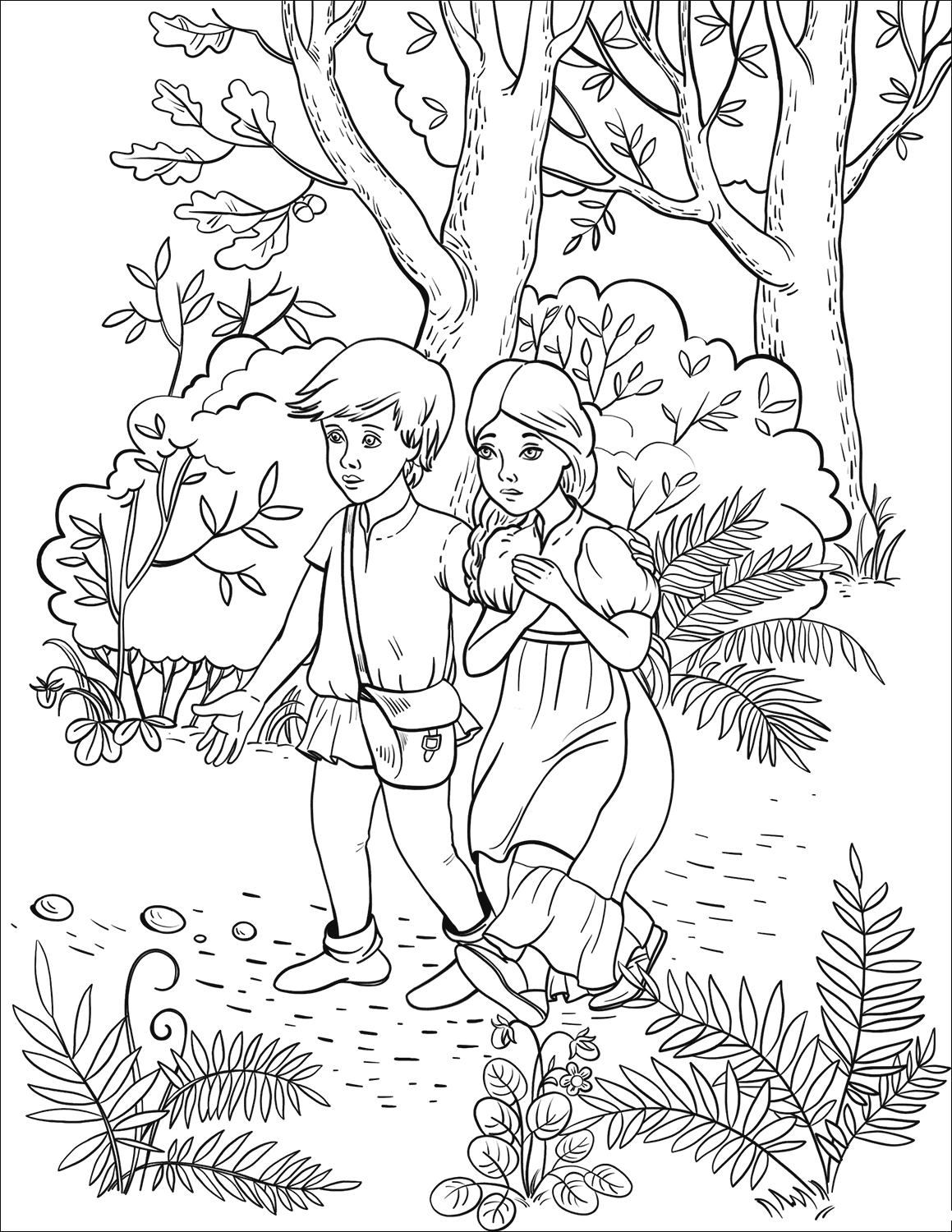 Раскраска Брат и сестра в лесу