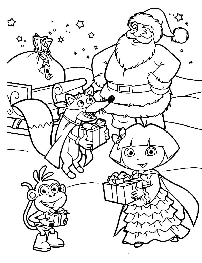 Раскраска Даша-путешественница, Башмачок, Жулик и Санта Клаус
