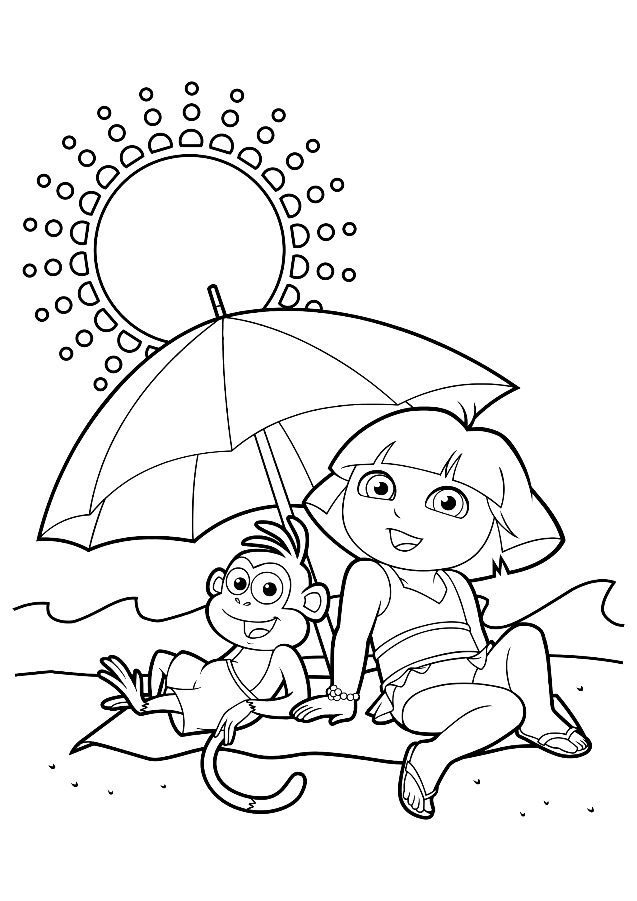 Раскраска Даша с другом Башмачком под зонтом