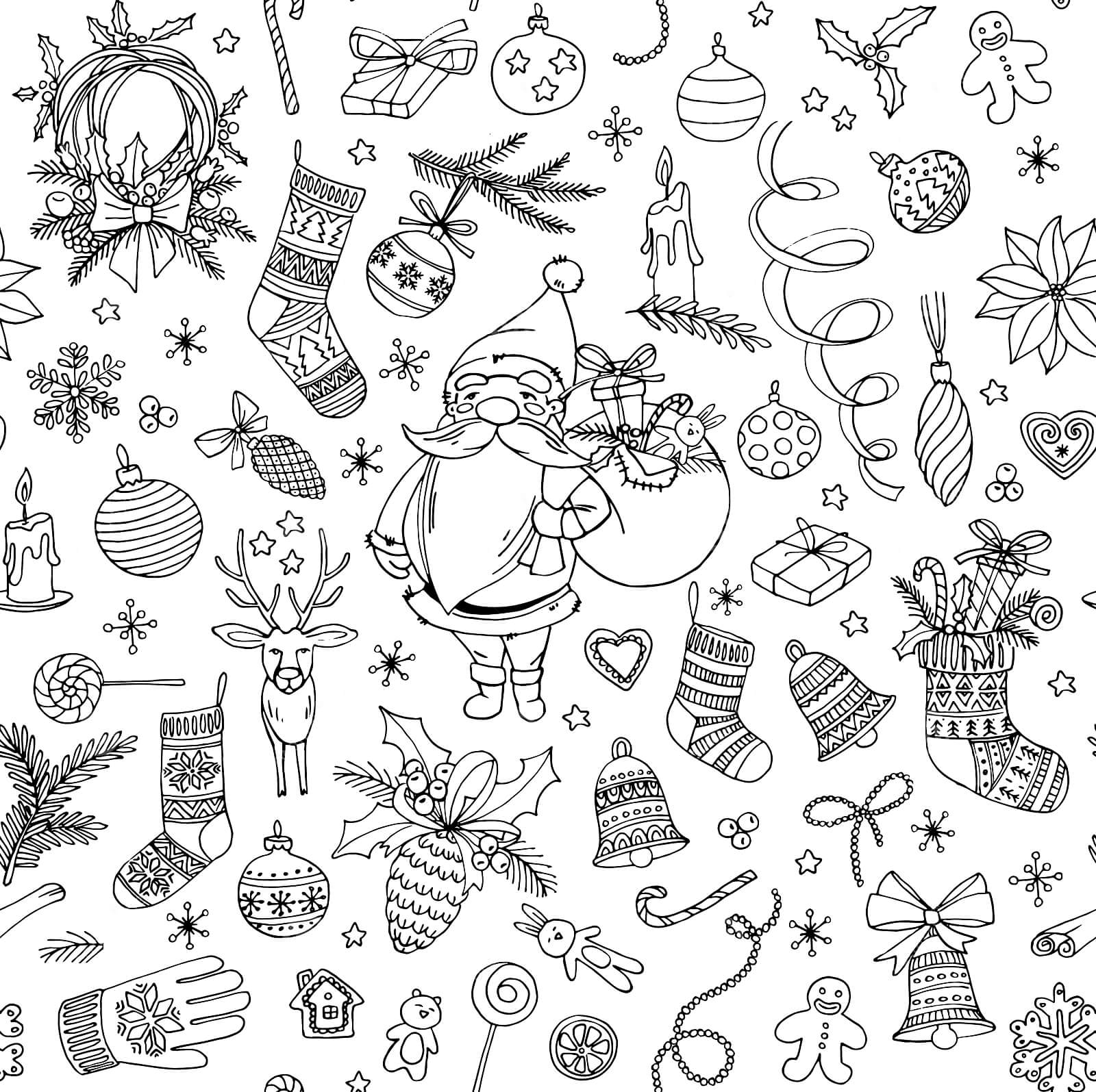 Раскраска Дед Мороз и новогодние атрибуты