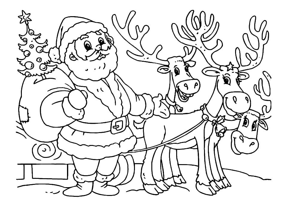 Раскраска Дед Мороз и олени