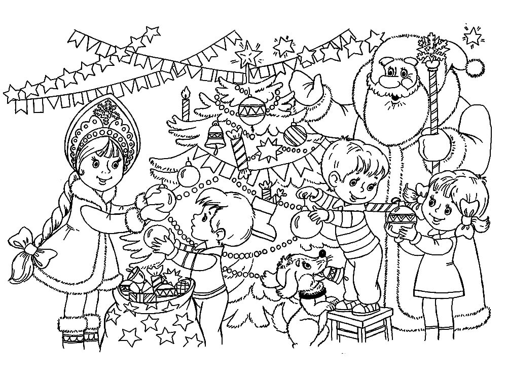 Раскраска Дед Мороз и Снегурочка дарят подарочки