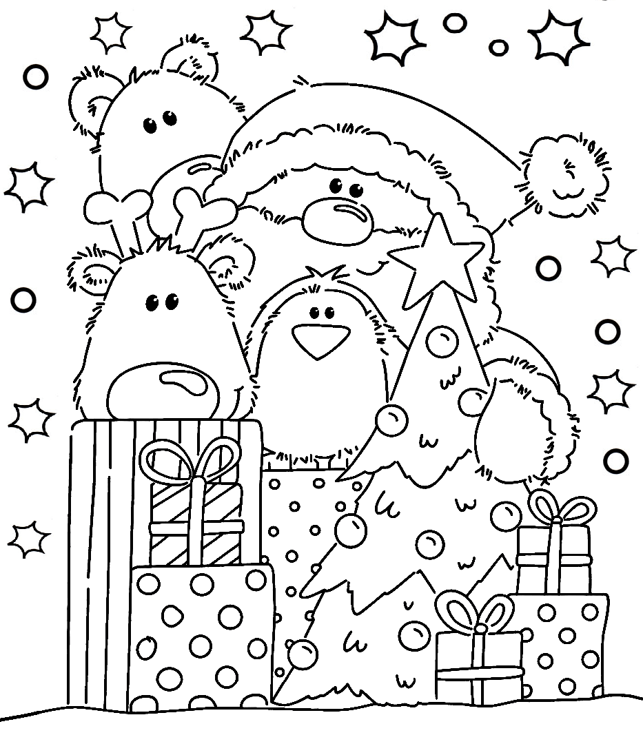 Раскраска Дед Мороз и зверята