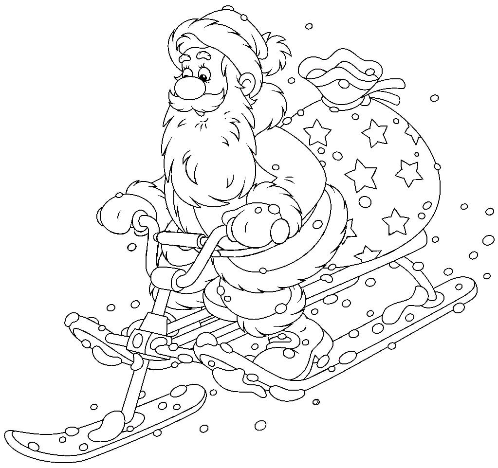Раскраска Дед Мороз на снегоходе
