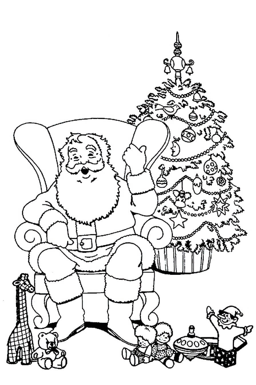 Раскраска Дедушка Мороз возле ёлочки