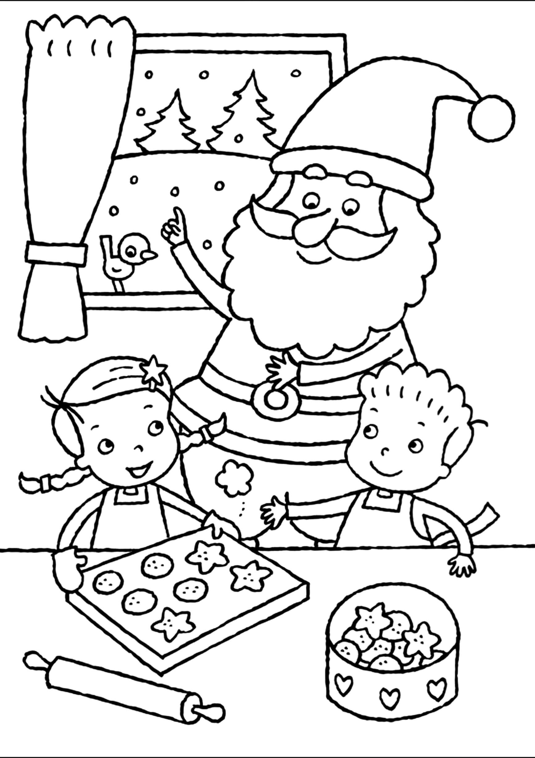 Раскраска Дети и Санта Клаус пекут пряники