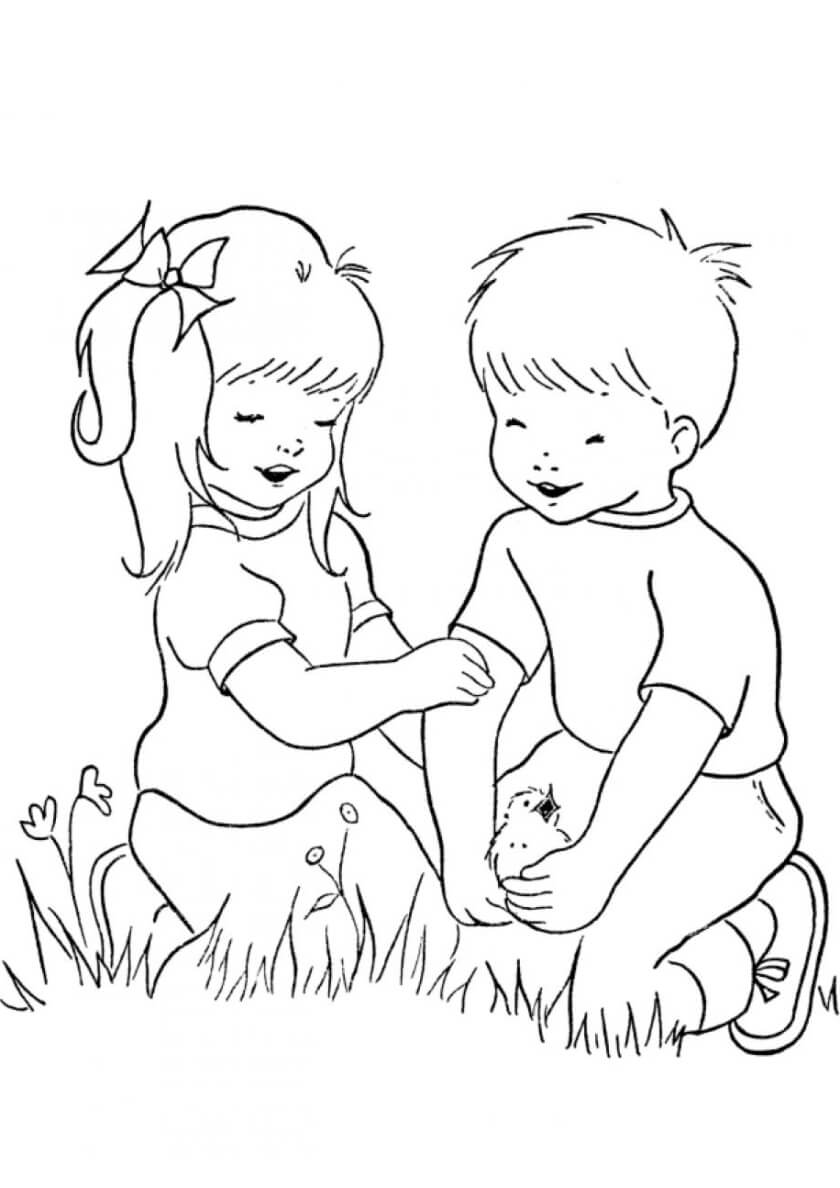 Раскраска Дети и цыплята