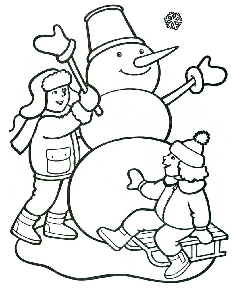 Раскраска Дети лепят снеговика
