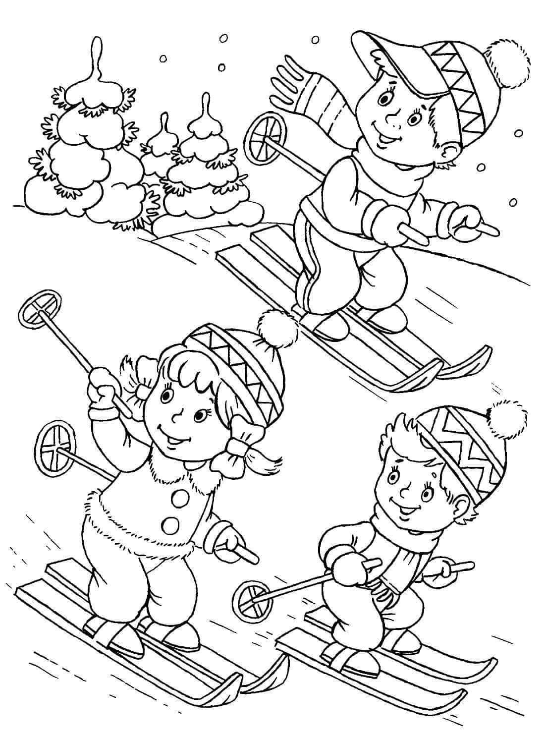 Раскраска Дети на лыжах