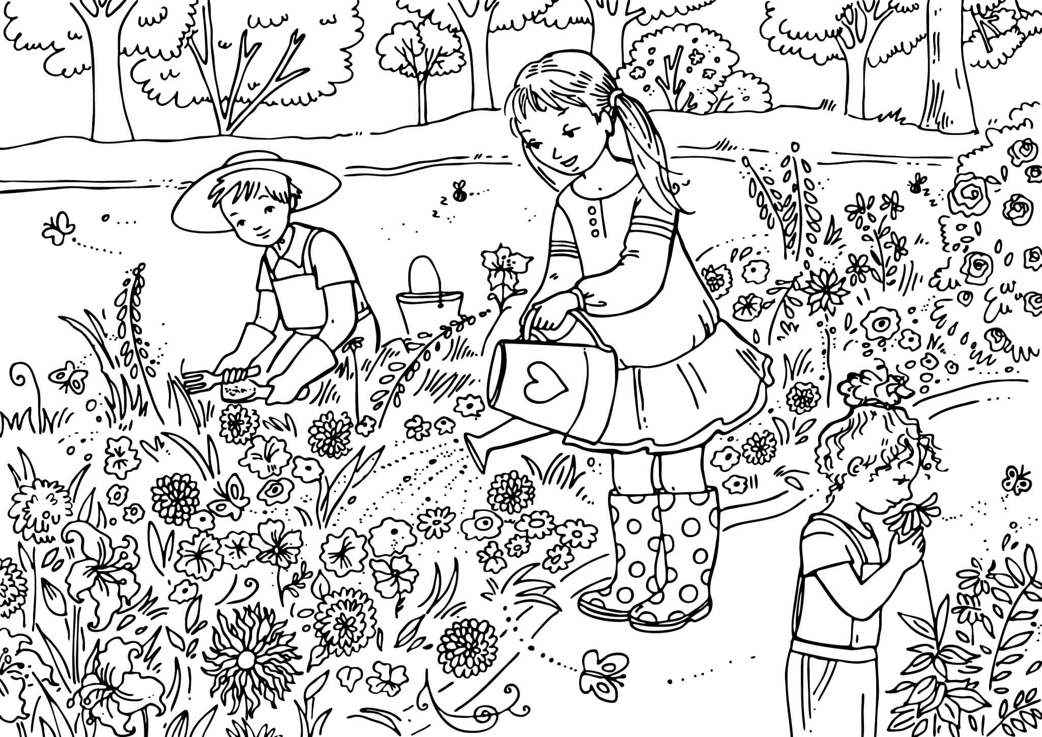 Раскраска Дети на огороде