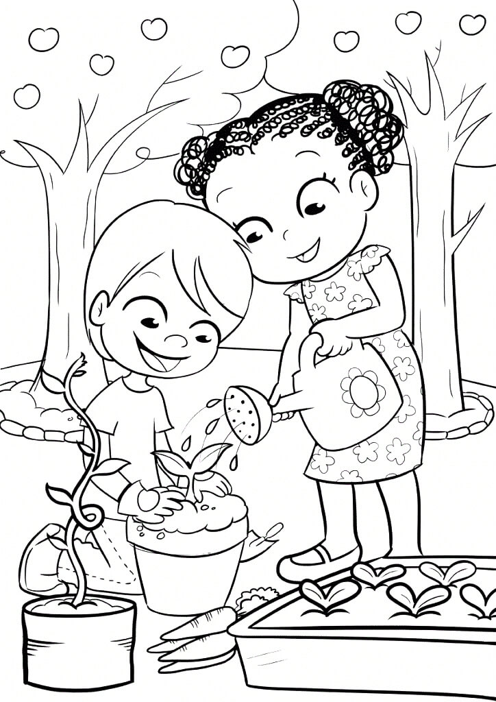 Раскраска Дети поливают цветок