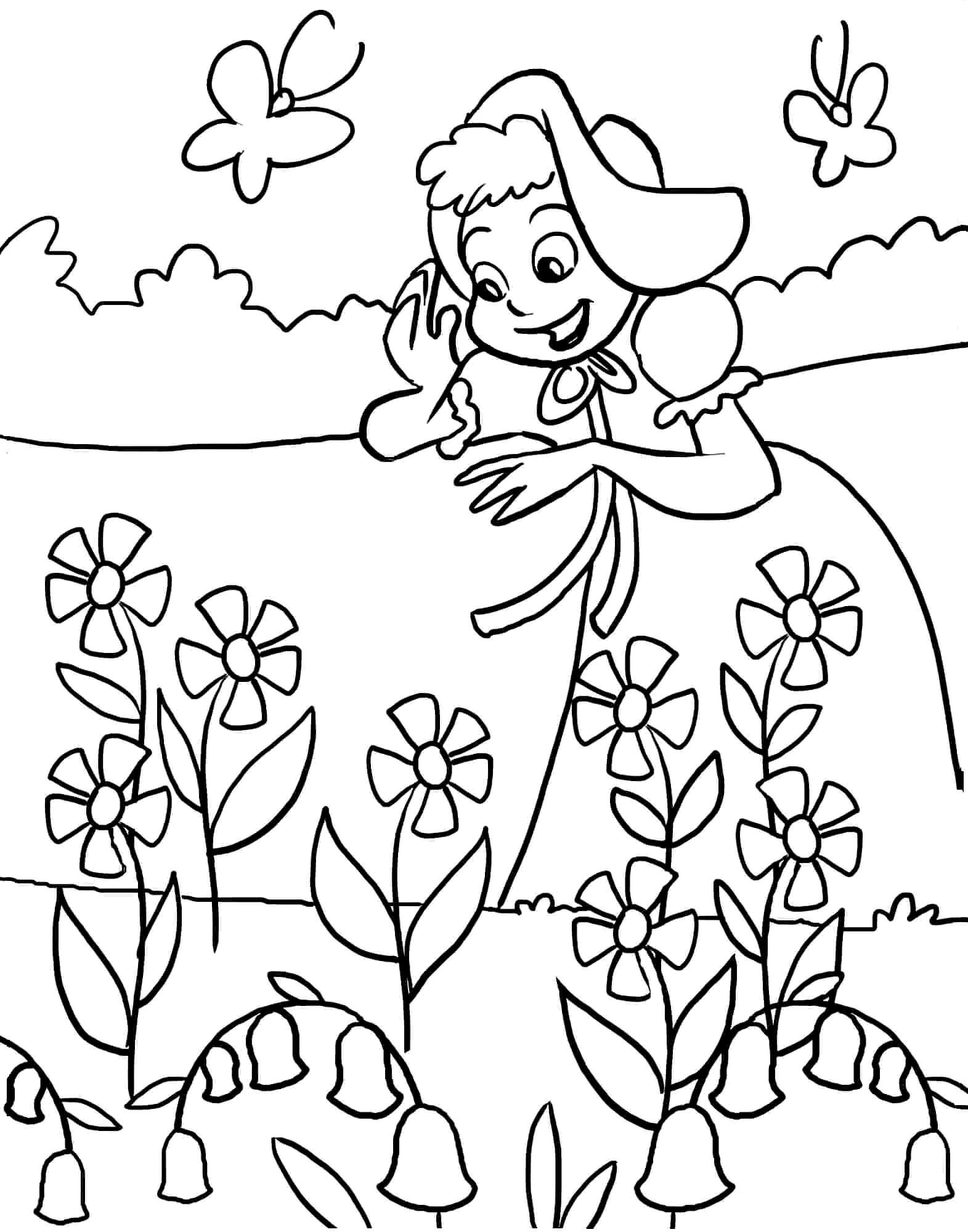 Раскраска Девочка на цветочной полянке