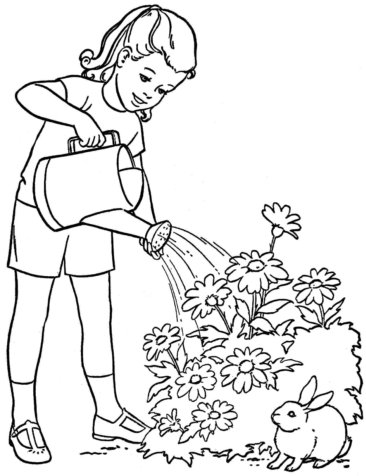 Раскраска Девочка поливает цветы