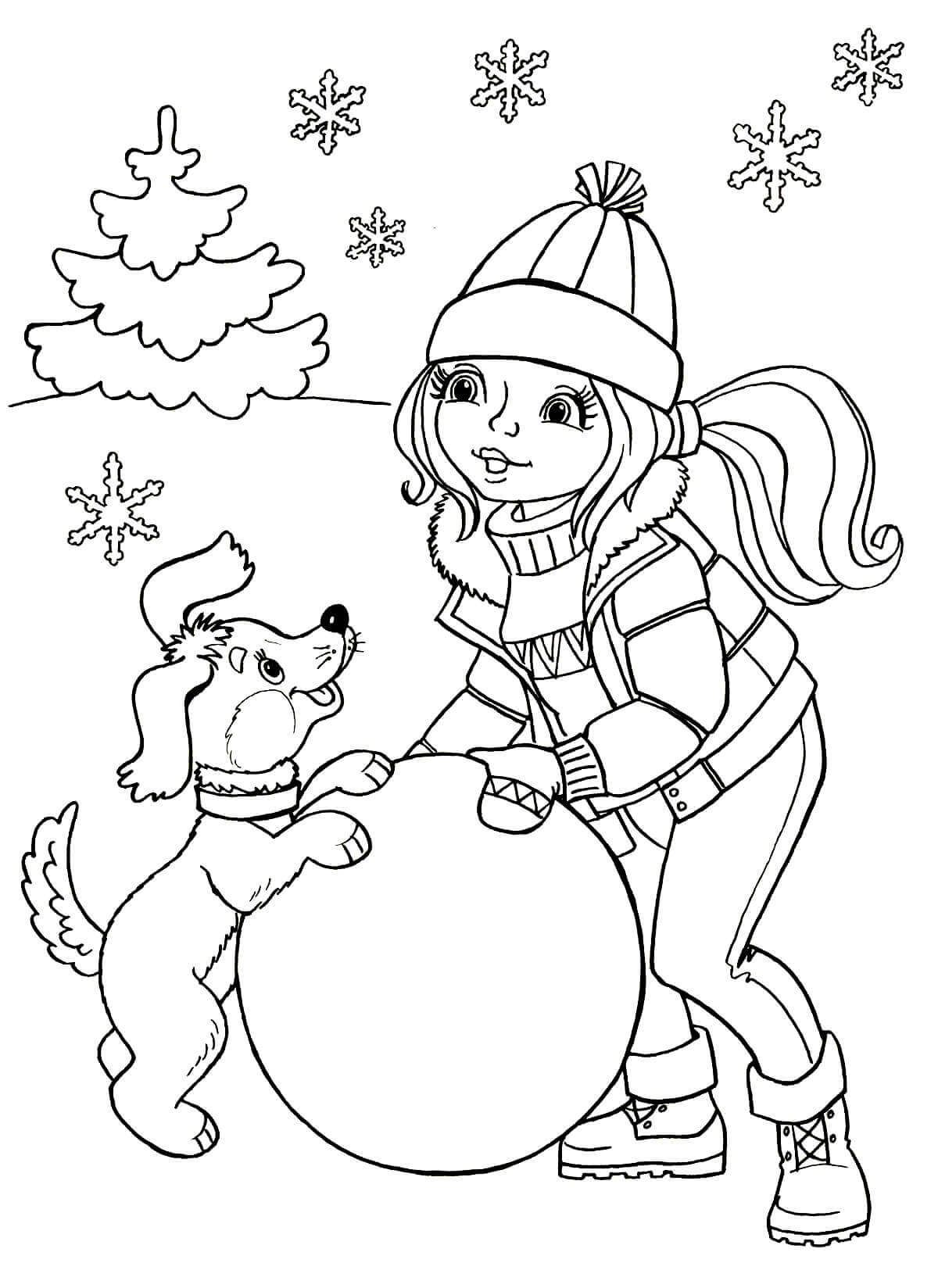 Раскраска Девочка с пёсиком лепят снеговика