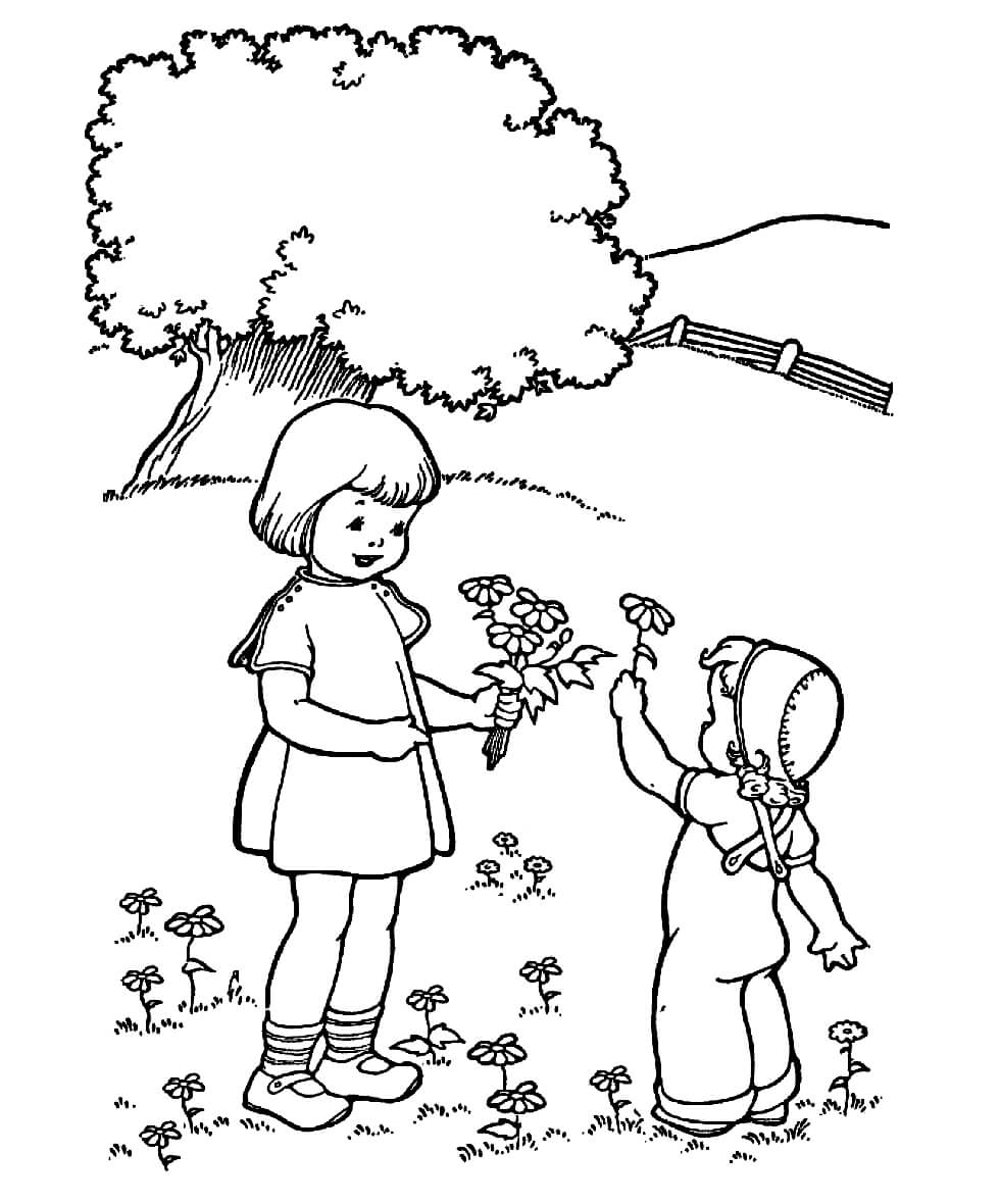 Раскраска Девочки собирают цветочки