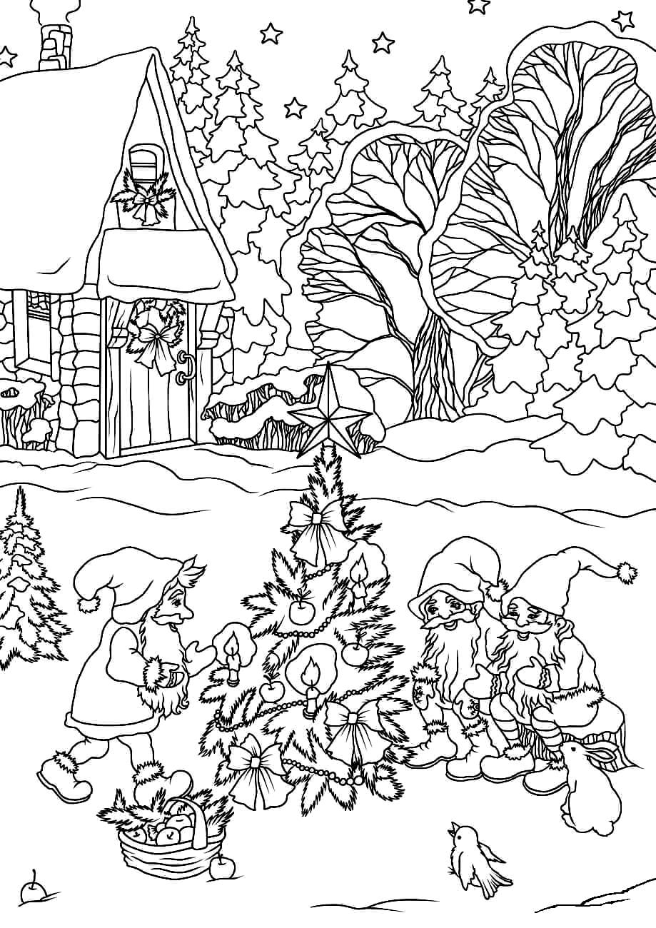 Раскраска Гномики наряжают ёлочку в лесу