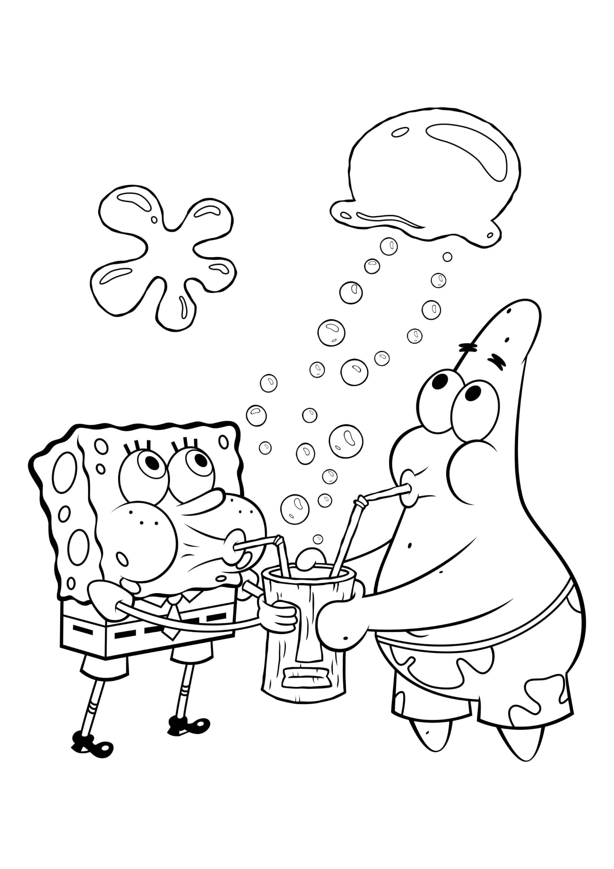 Раскраска Губка Боб и Патрик пьют коктейль
