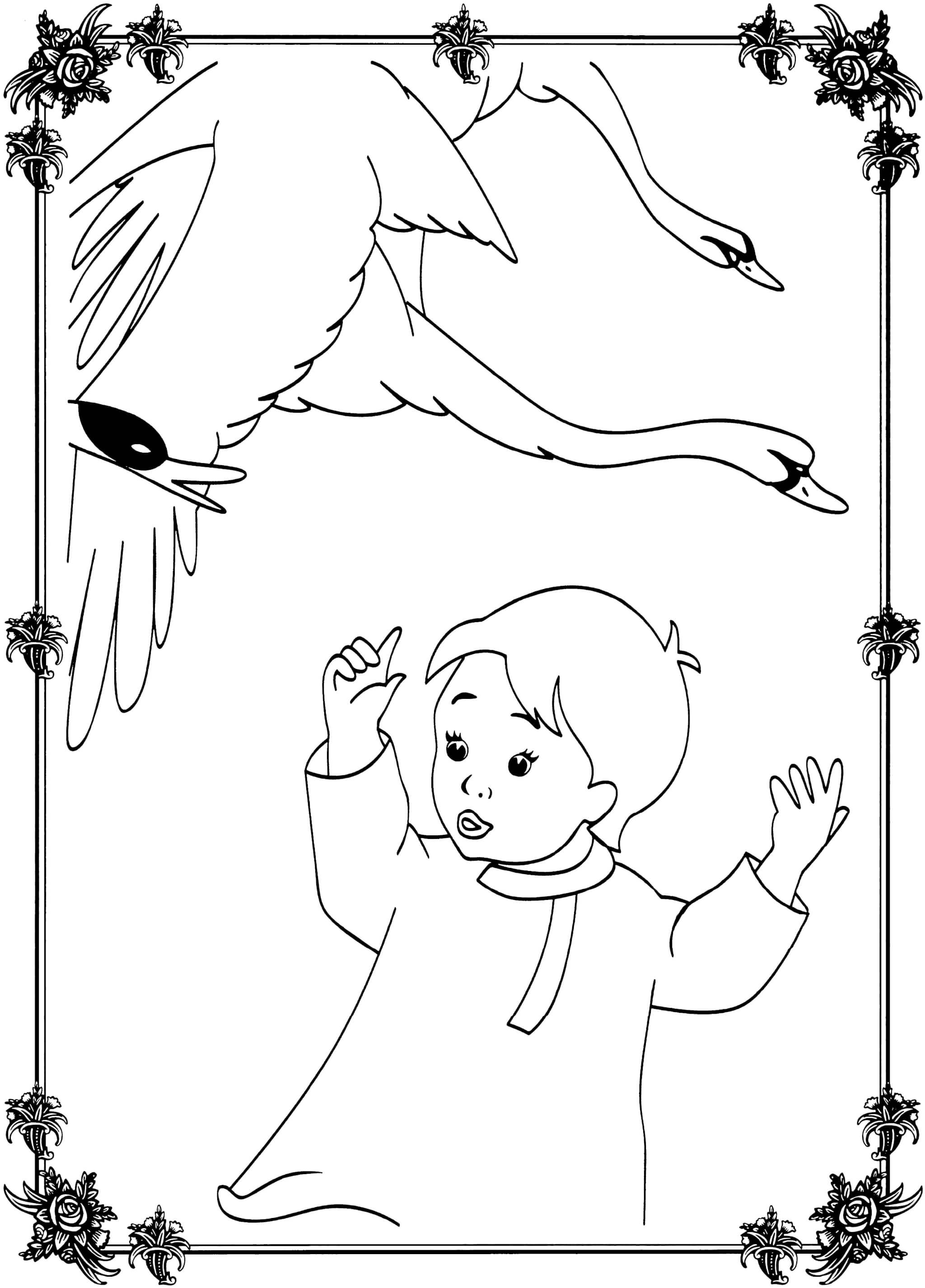 Раскраска Гуси-лебеди и мальчик