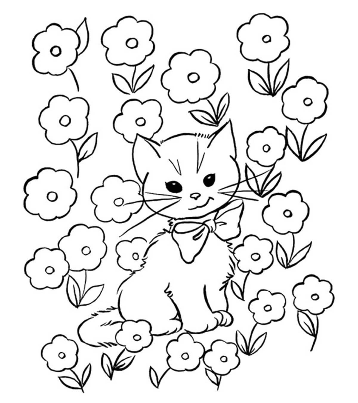 Раскраска Кошечка и цветочки