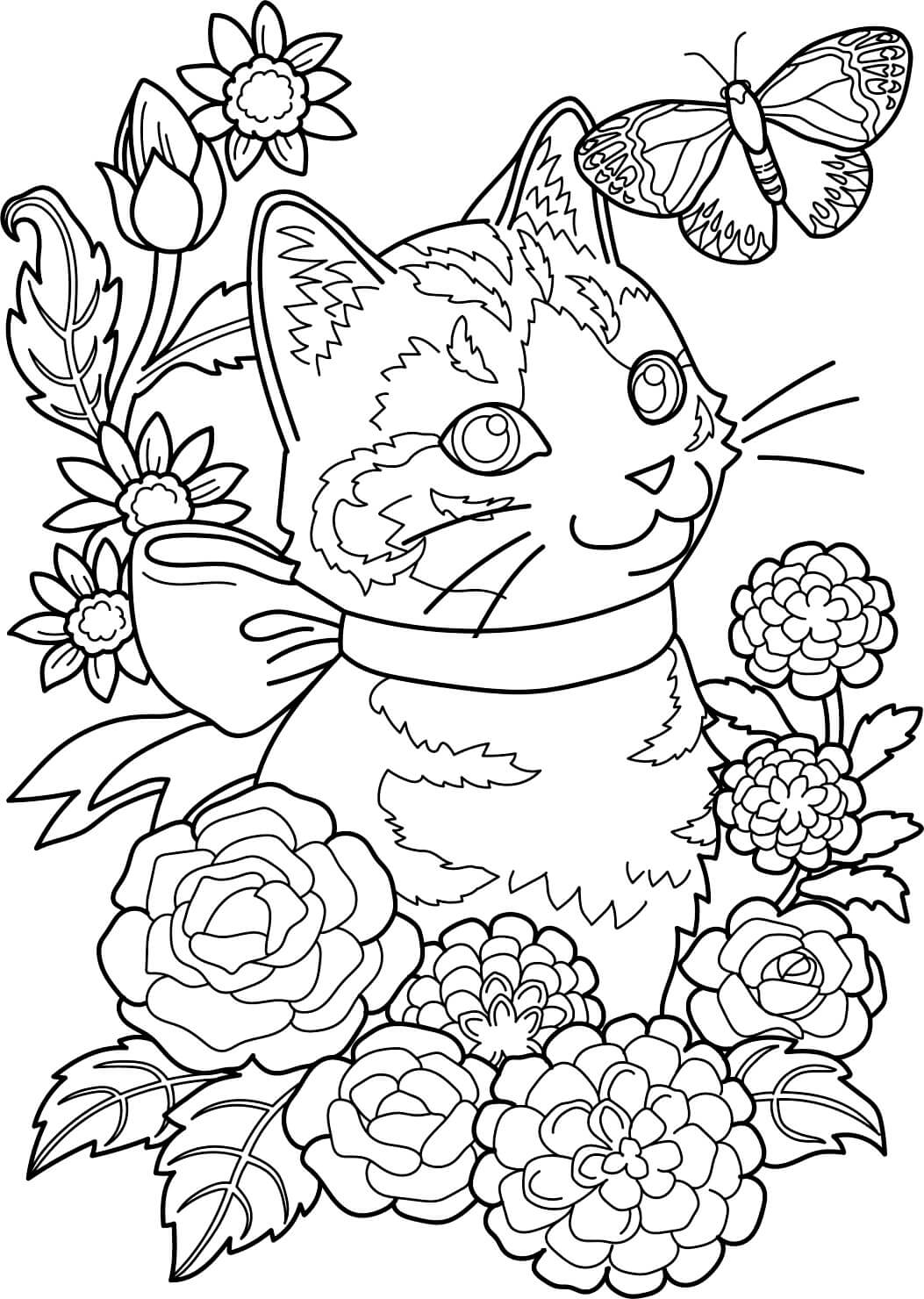 Раскраска Кошечка и цветочки