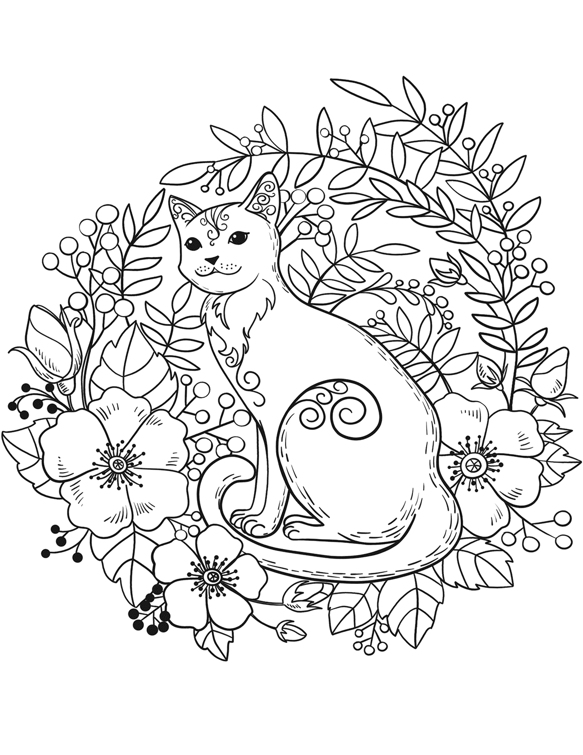 Раскраска Кошечка в цветочках