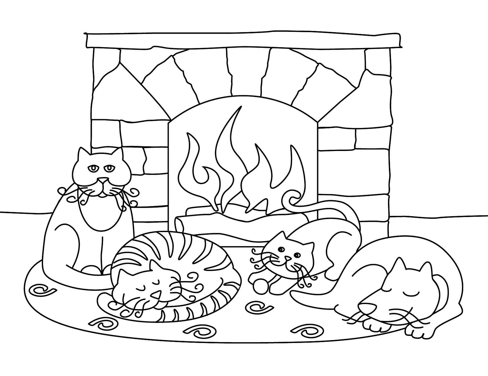 Раскраска Коты и пёс греются у камина