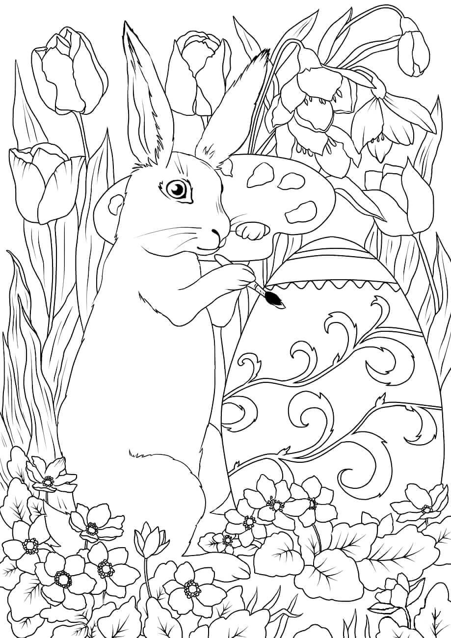 Раскраска Кролик красит пасхальное яйцо