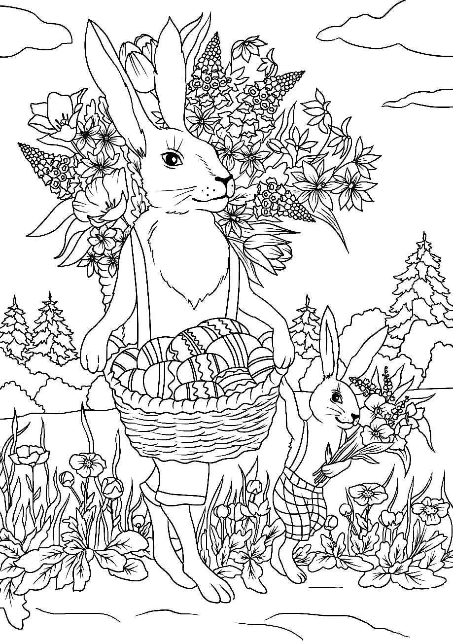 Раскраска Кролики и пасхальные яйца