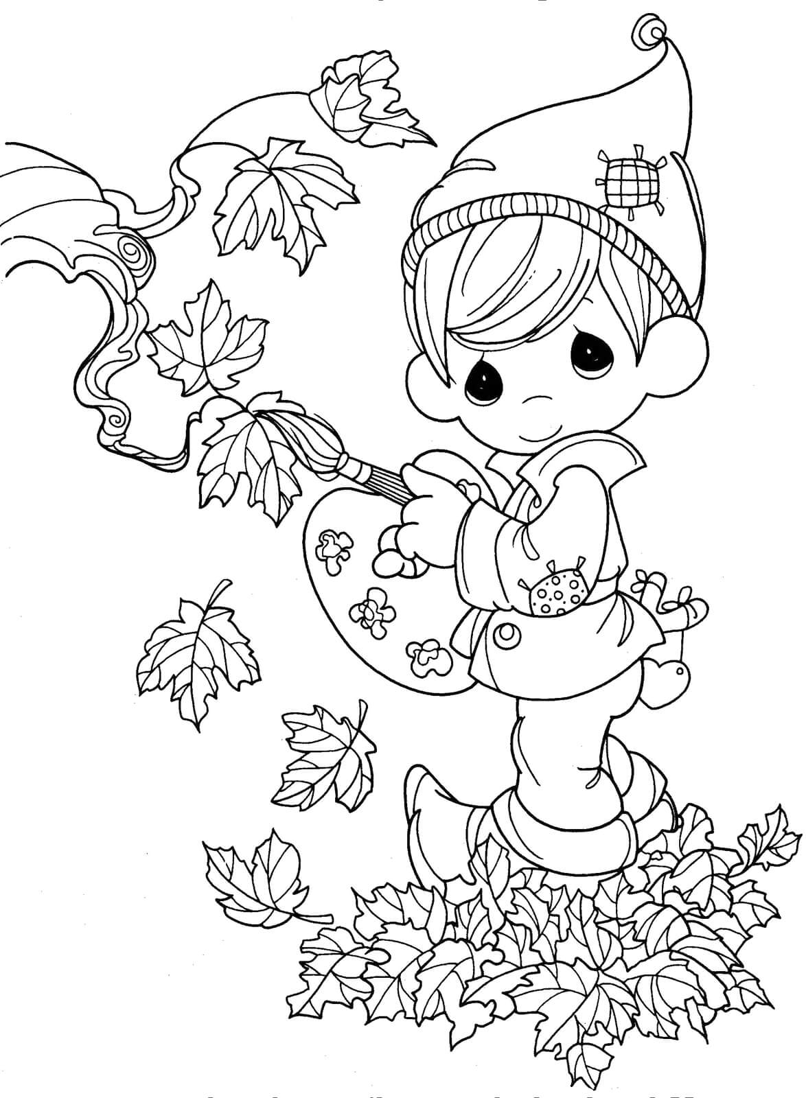 Раскраска Мальчик раскрашивает листья