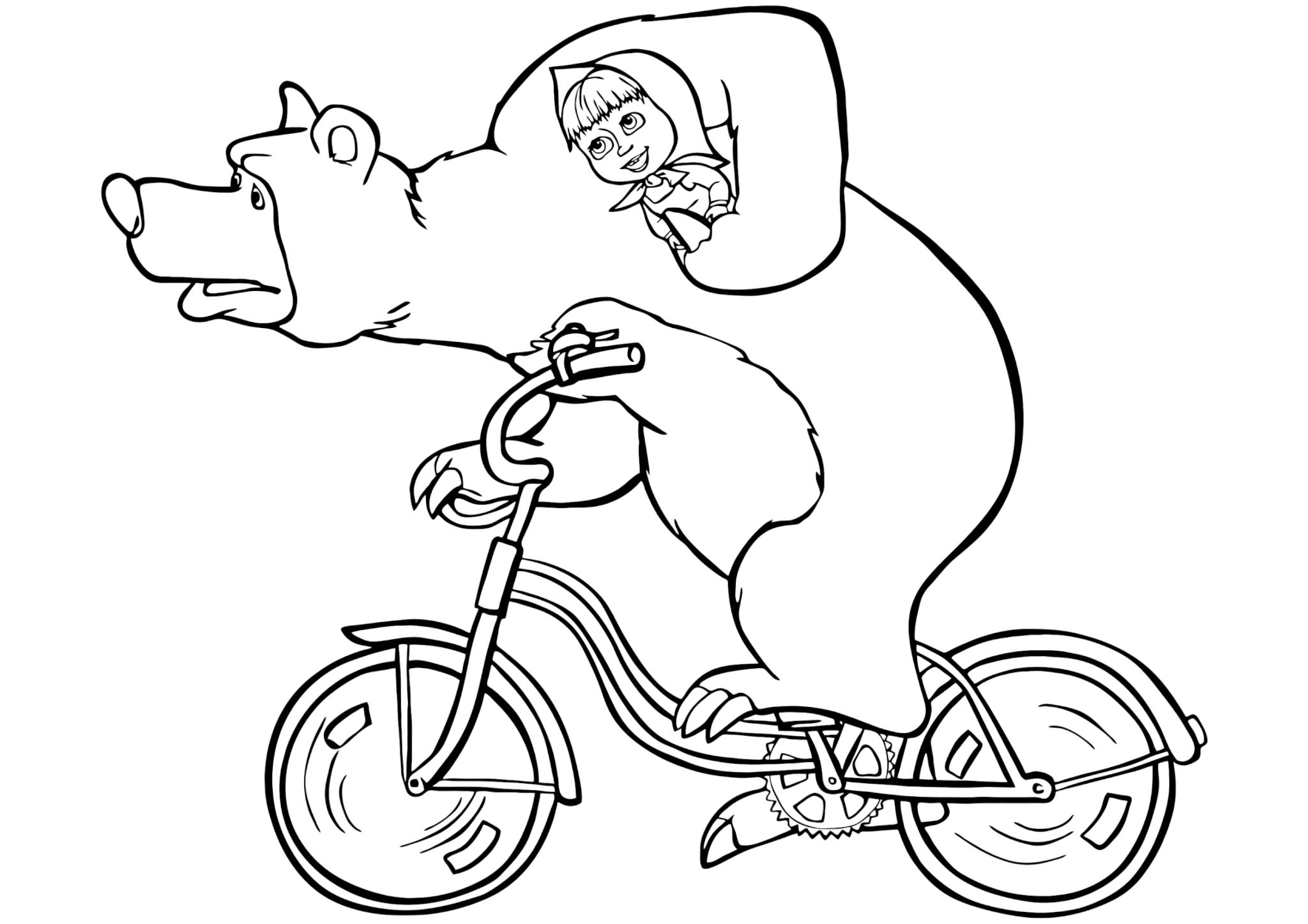 Раскраска Маша и Медведь на велосипеде