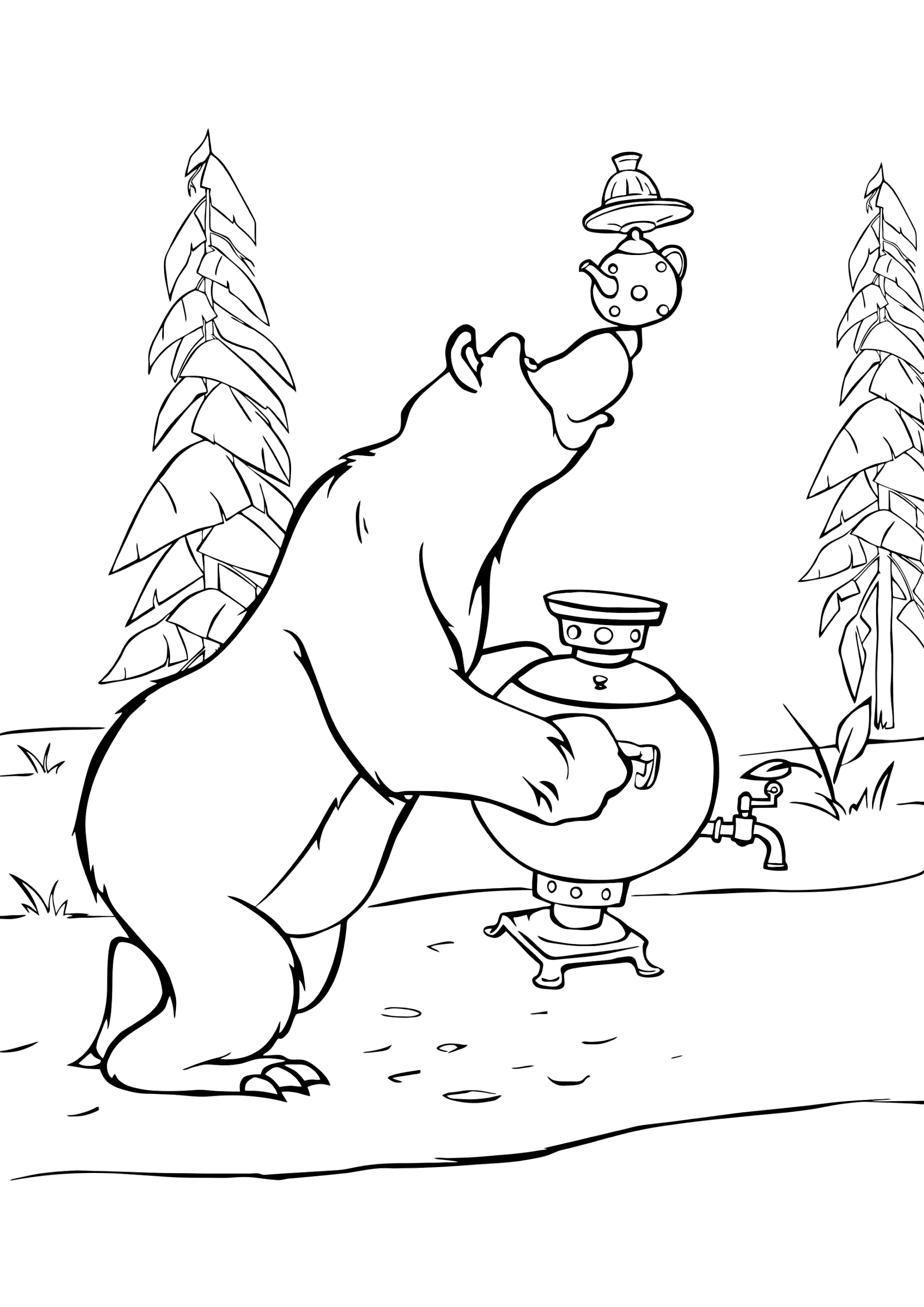 Раскраска Маша и Медведь устраивают чаепитие