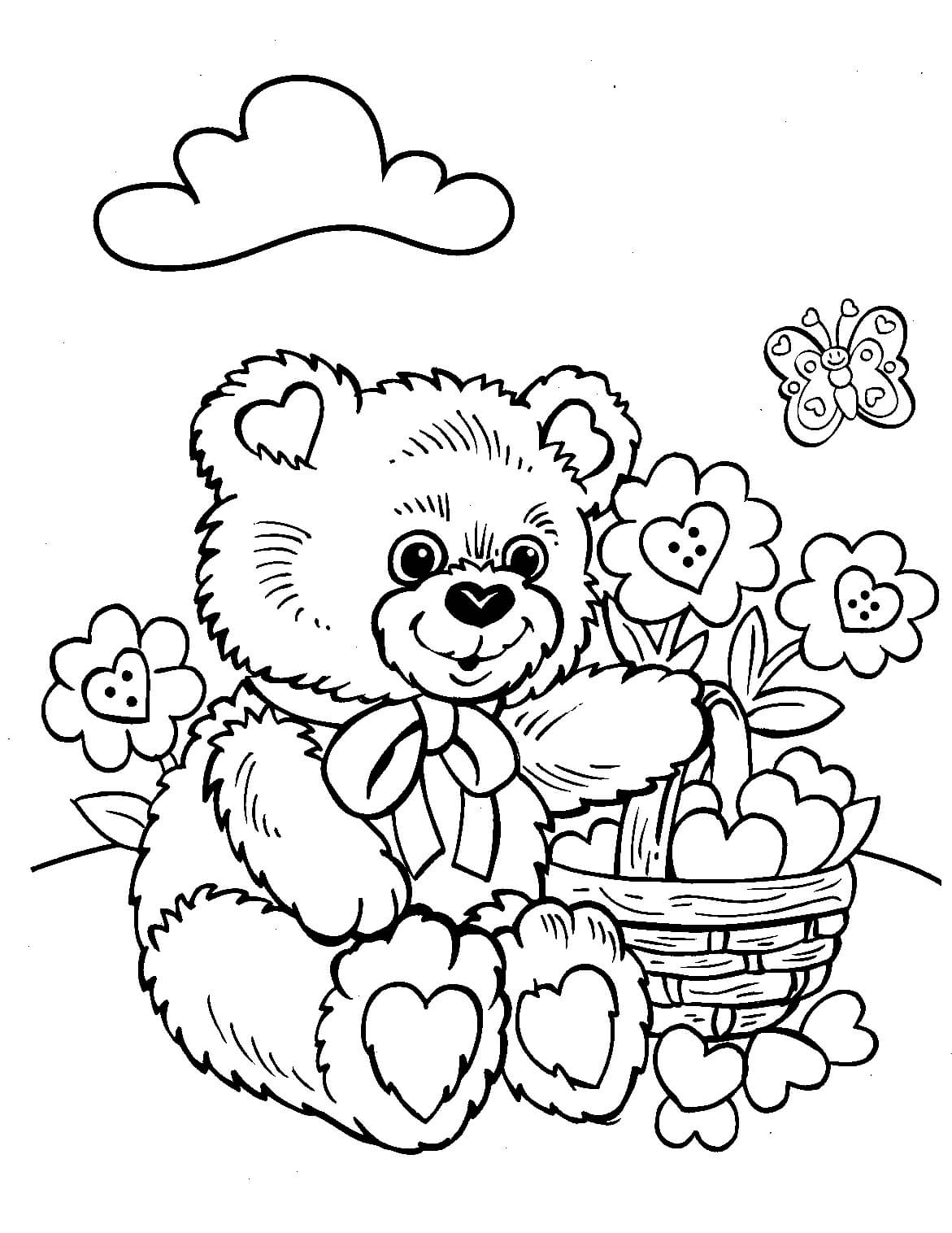 Раскраска Медвежонок на цветочной полянке