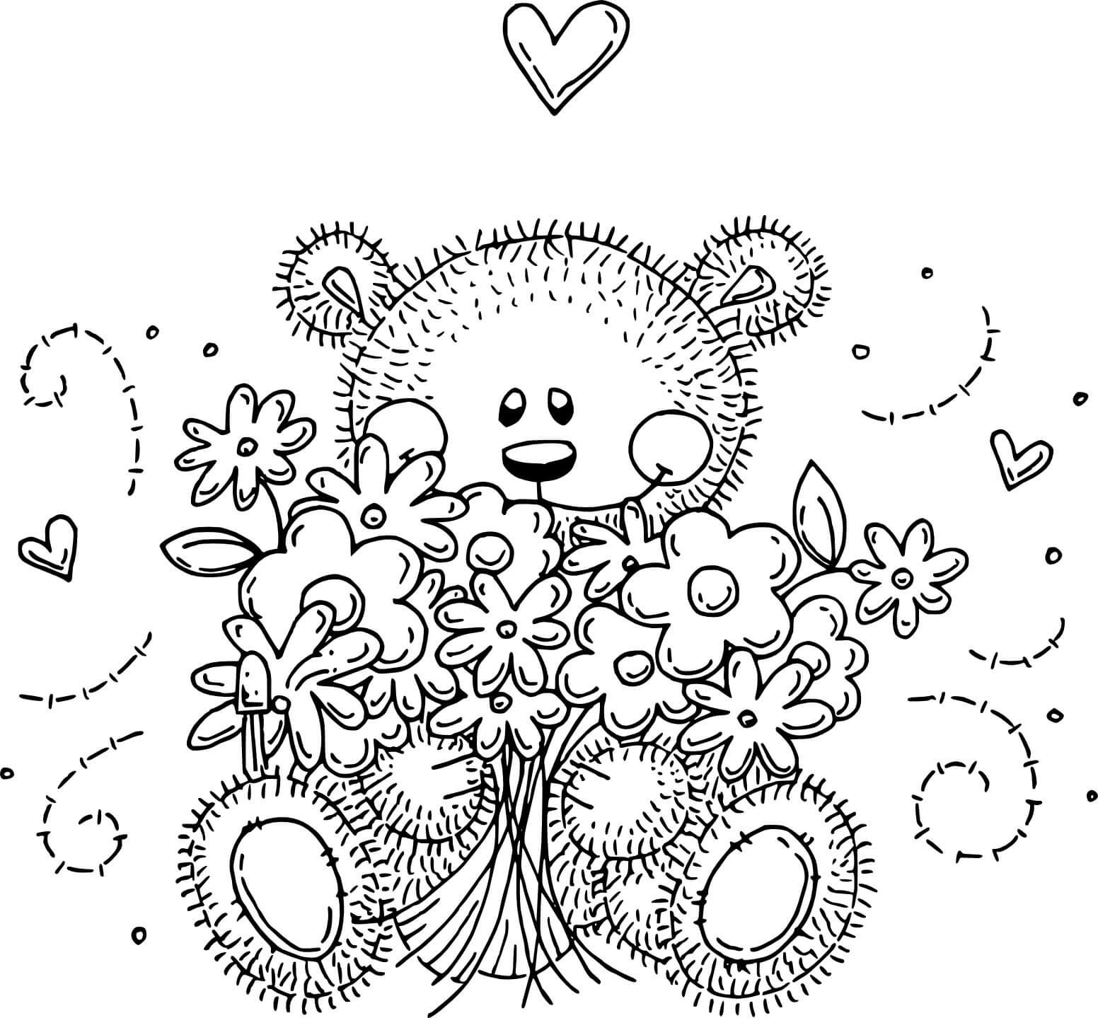 Раскраска Мишка с букетом цветов