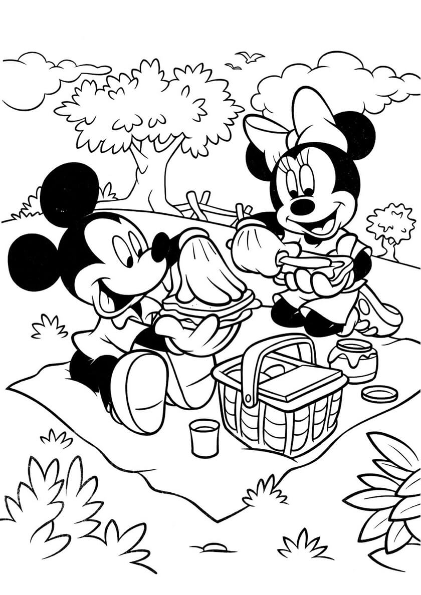 Раскраска Микки и Минни Маус на пикнике