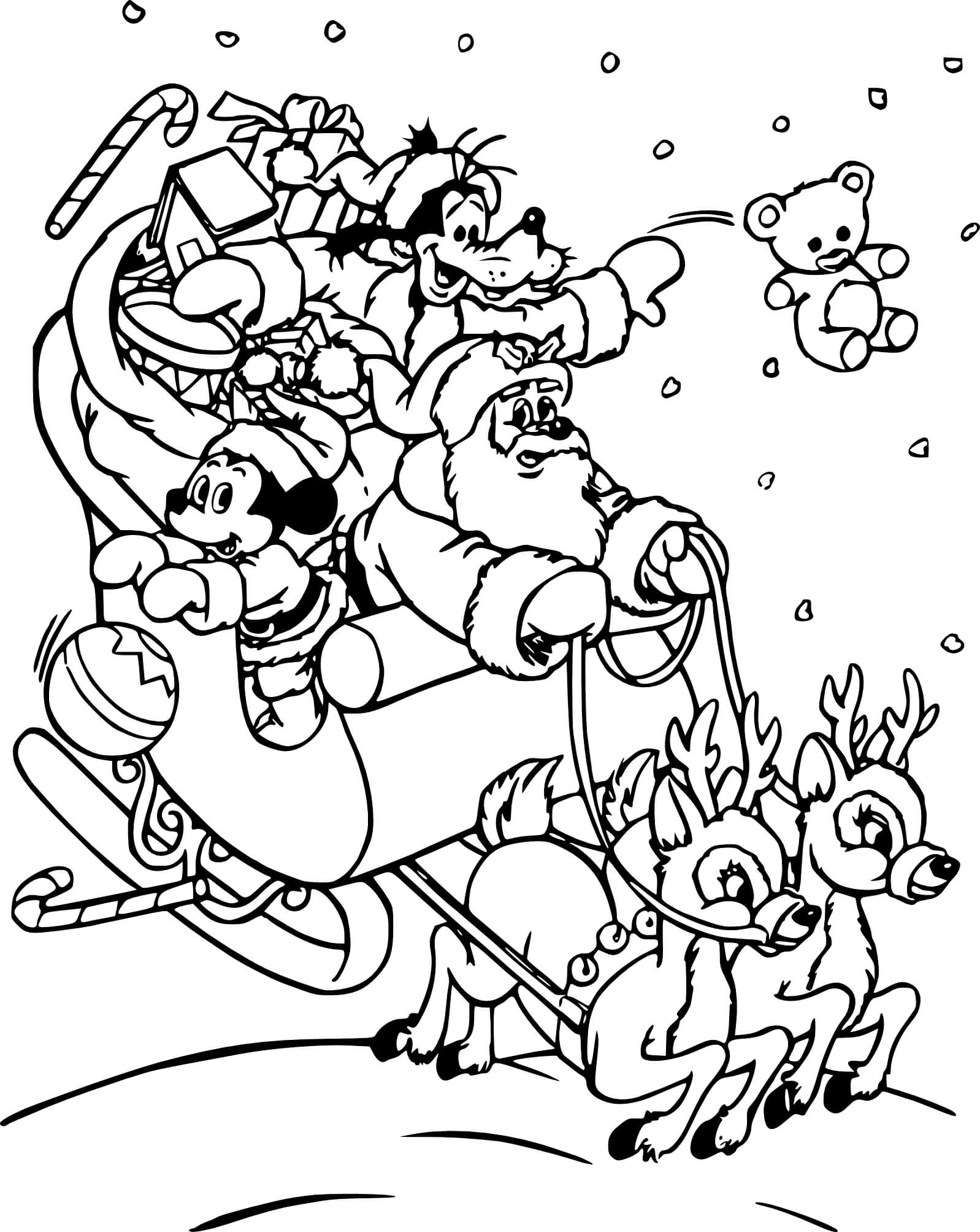 Раскраска Микки Маус и Гуфи помогают Санта Клаусу