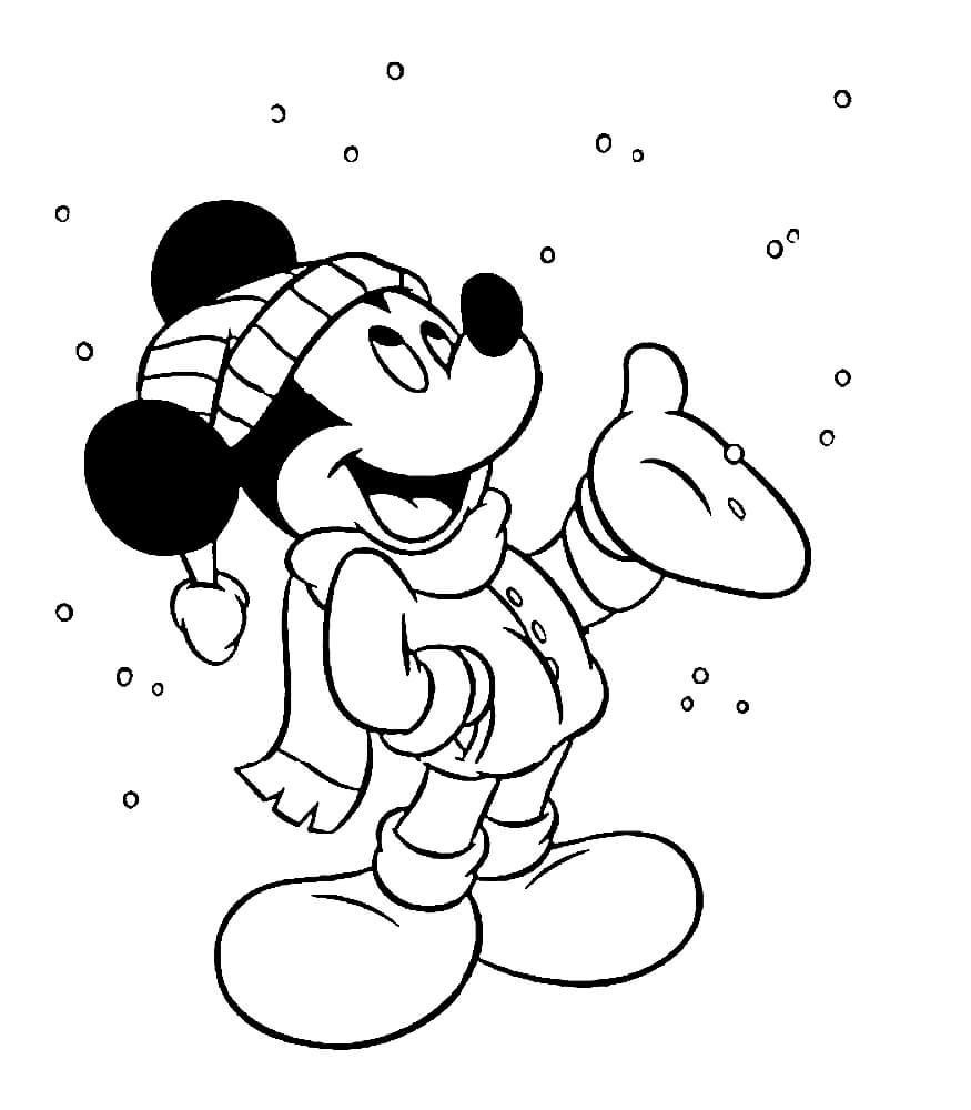 Раскраска Микки Маус ловит снежинки