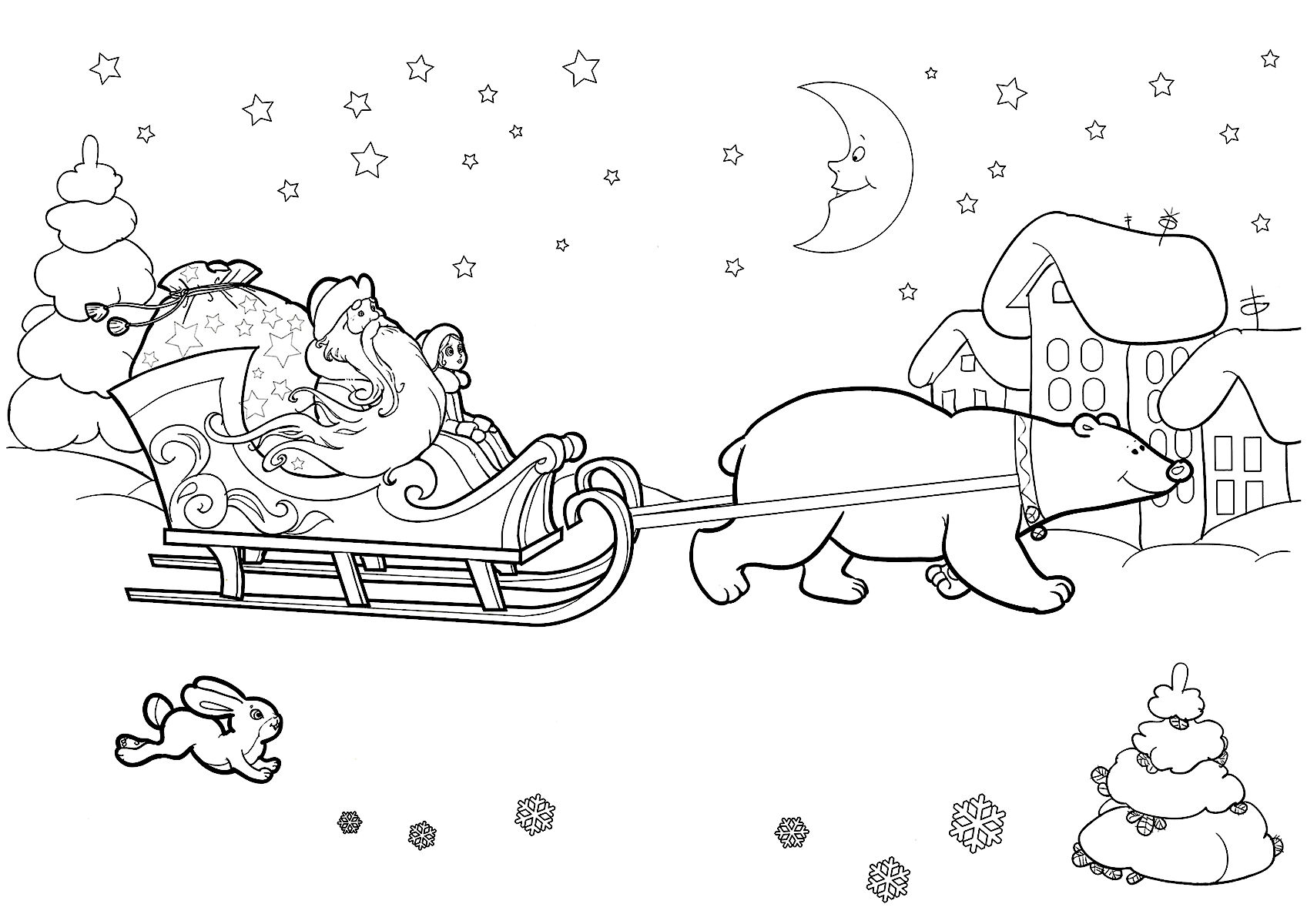 Раскраска Мишка везёт Деда Мороза и Снегурочку