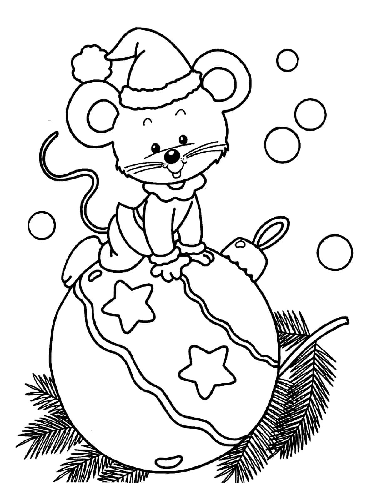 Раскраска Мышонок на ёлочной игрушке