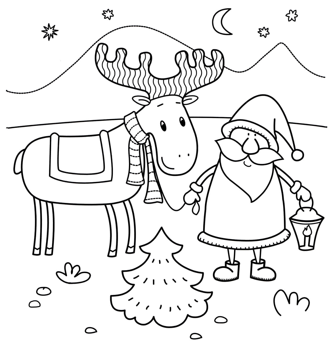 Раскраска Олень и Санта Клаус в лесу