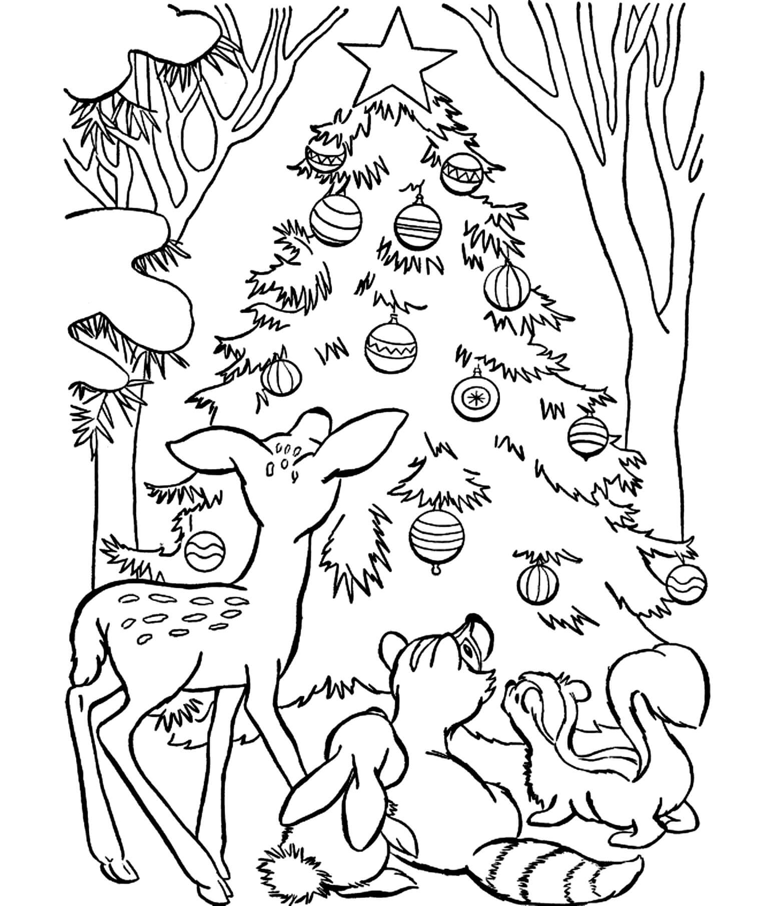 Раскраска Оленёнок Бэмби и его друзья возле ёлочки
