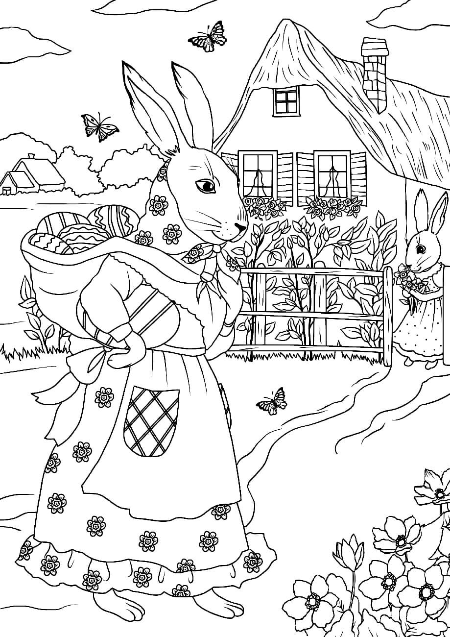 Раскраска Пасхальные кролики с корзинкой