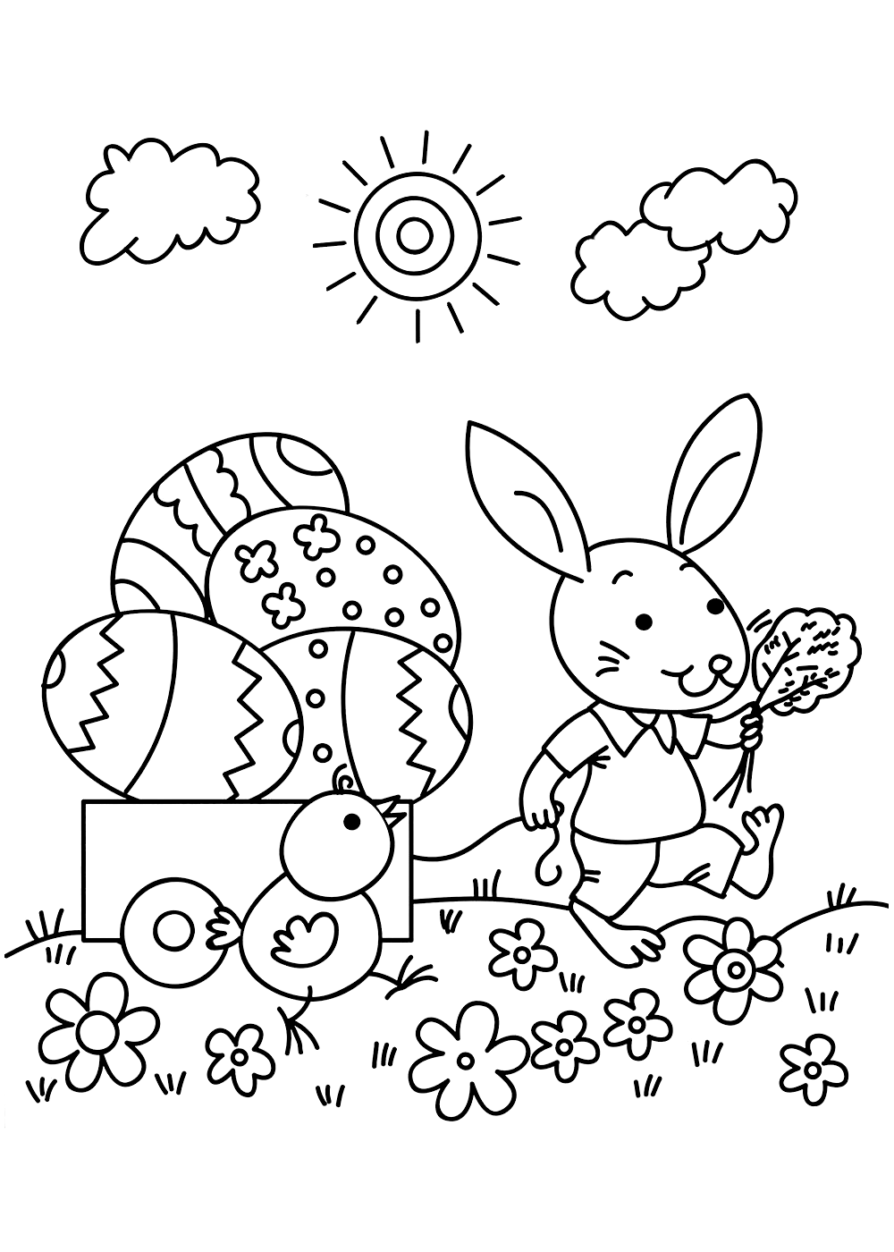 Раскраска Пасхальный кролик и тележка