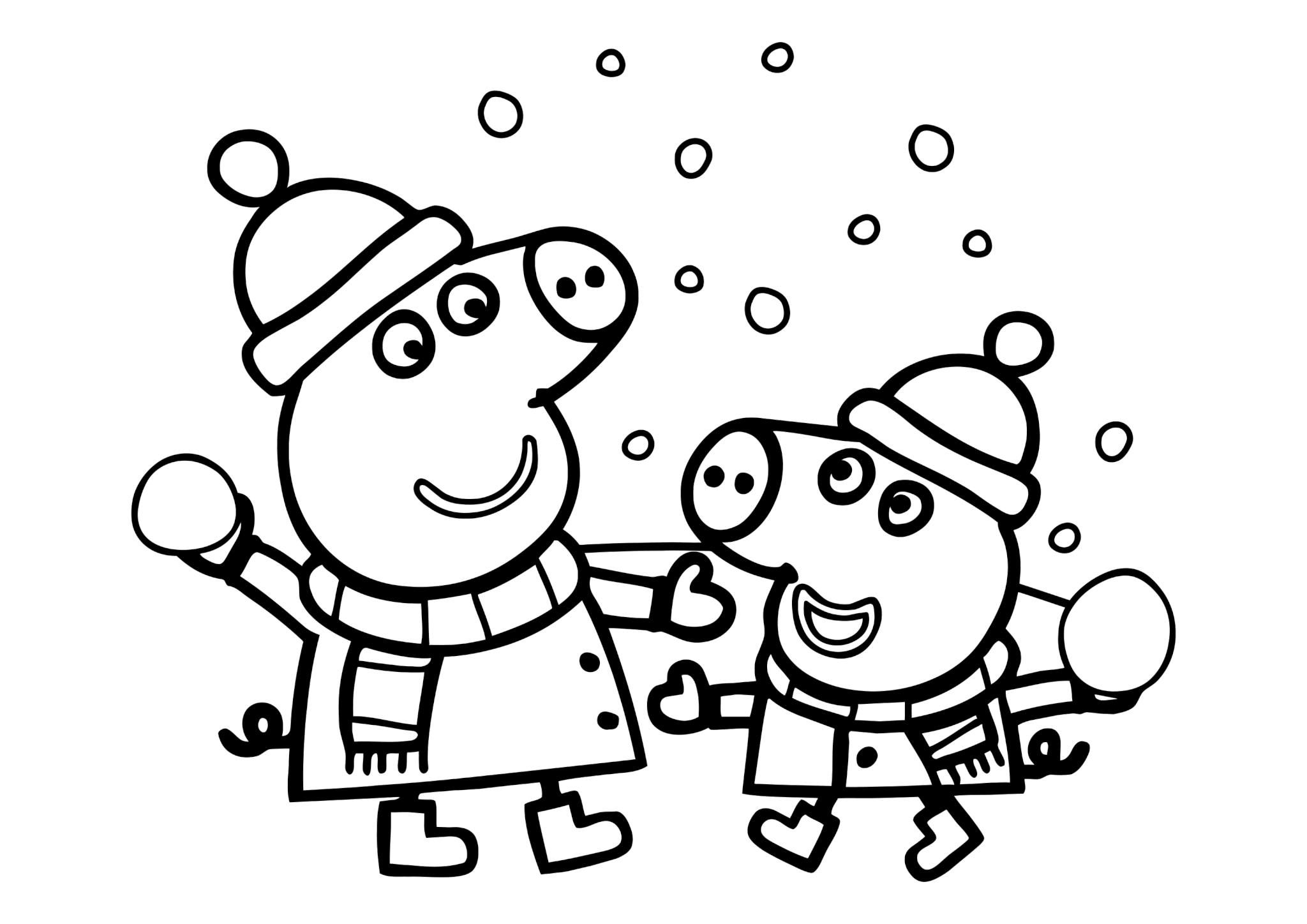 Раскраска Пеппа и Джордж играют в снежки