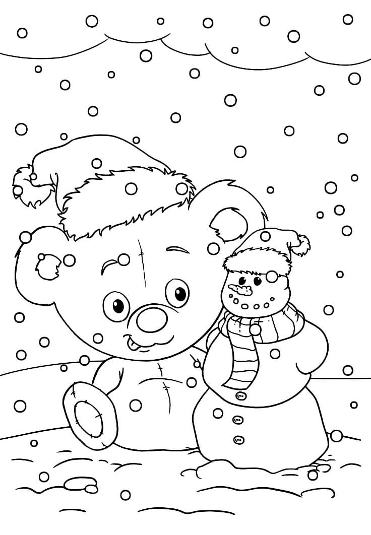 Раскраска Плюшевый мишка и снеговик