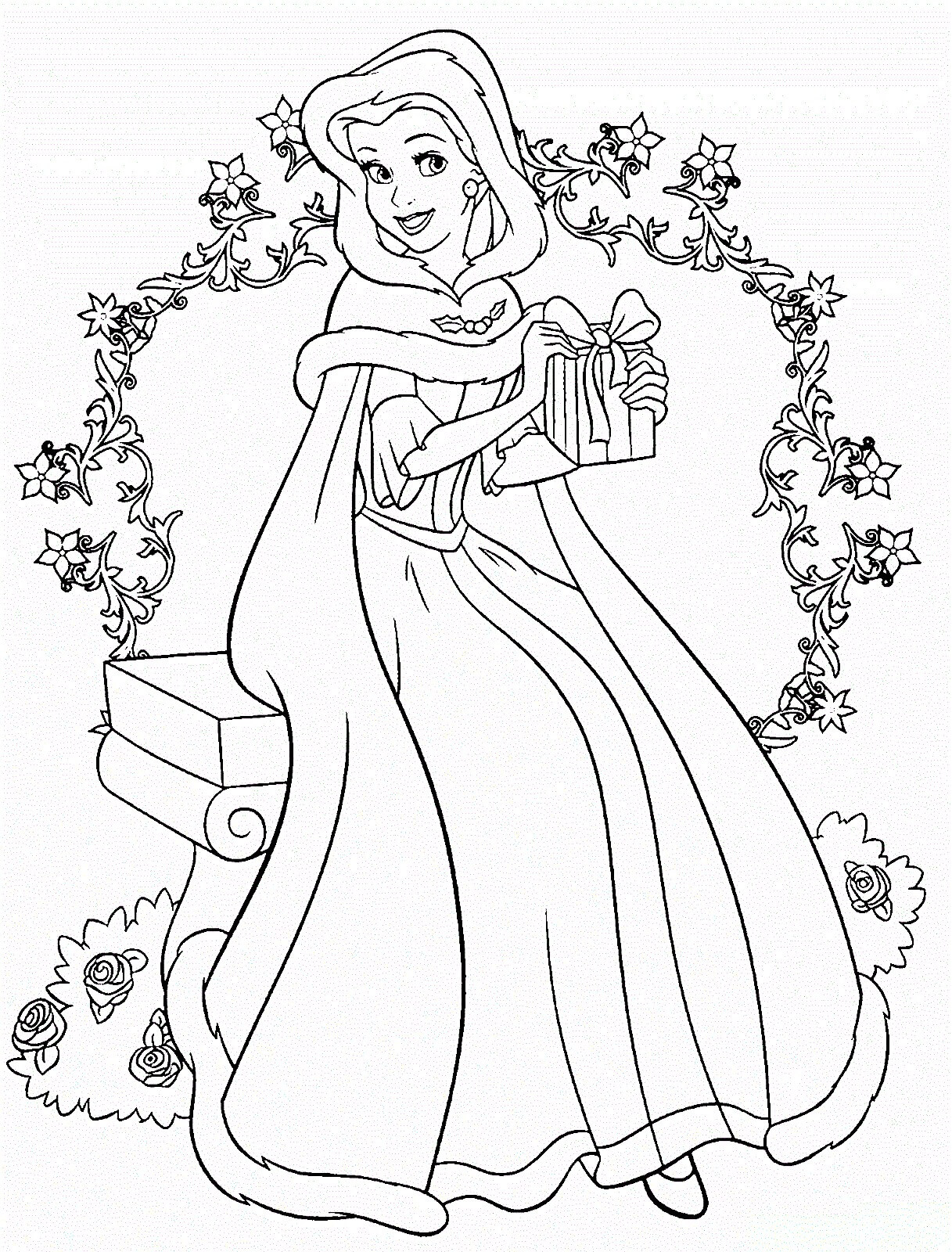 Раскраска Принцесса Белль с подарком
