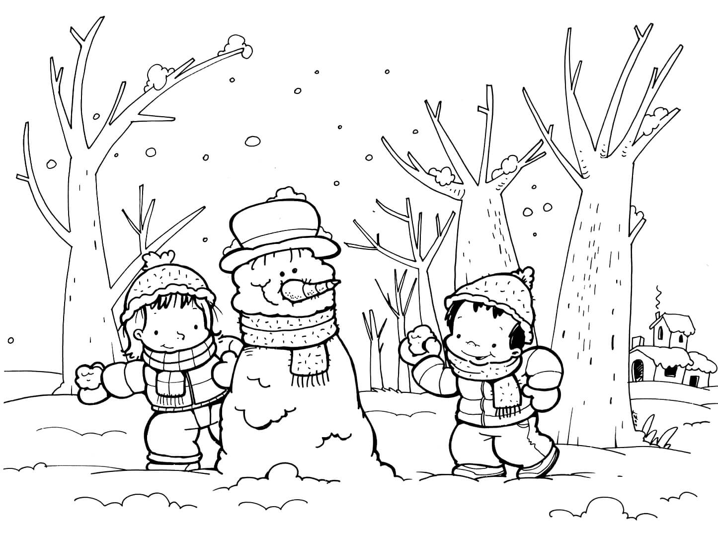 Раскраска Ребята играют в снежки